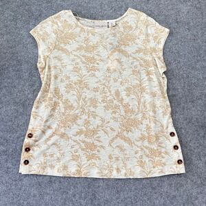 Laura Ashley Floral Toile Linen Blend Top Small Cream Tan Button Detail NWT